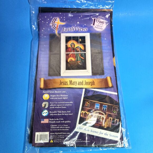 Faith Views Window Art Jesus, Mary & Joseph Nativity Christmas 3 X 5 Ft. Scene - Picture 1 of 7